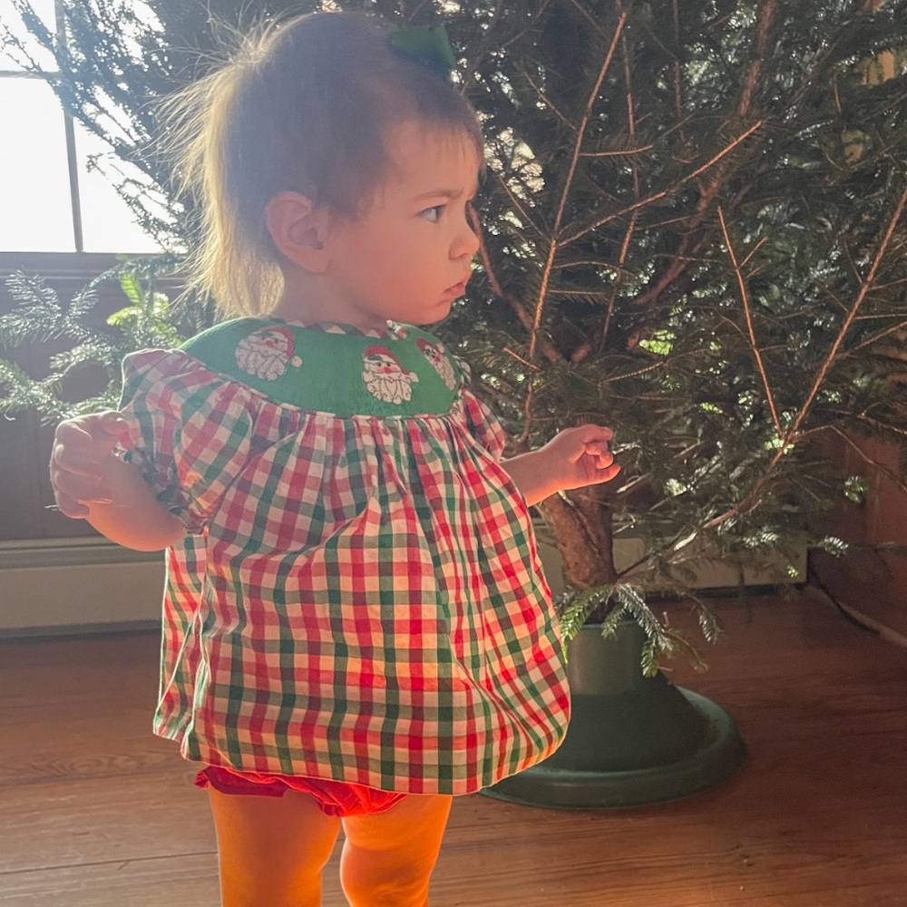 HAND SMOCKED EUC Christmas Gingham Santa Blouse